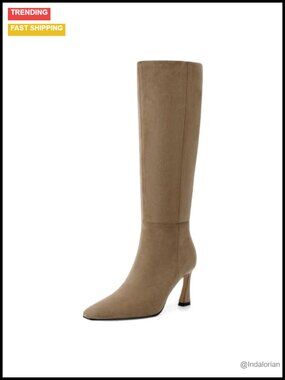 Faux Suede Knee High Boots Square Toe Stiletto Heel Side Zip